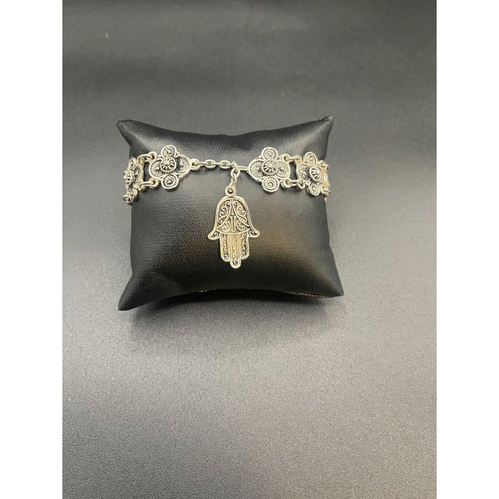 Silver Tone Hamsa Hand Charm Bracelet Hook Closure 8 in